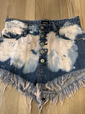 Diesel Blue & White Tie-Dye Frayed Denim Shorts